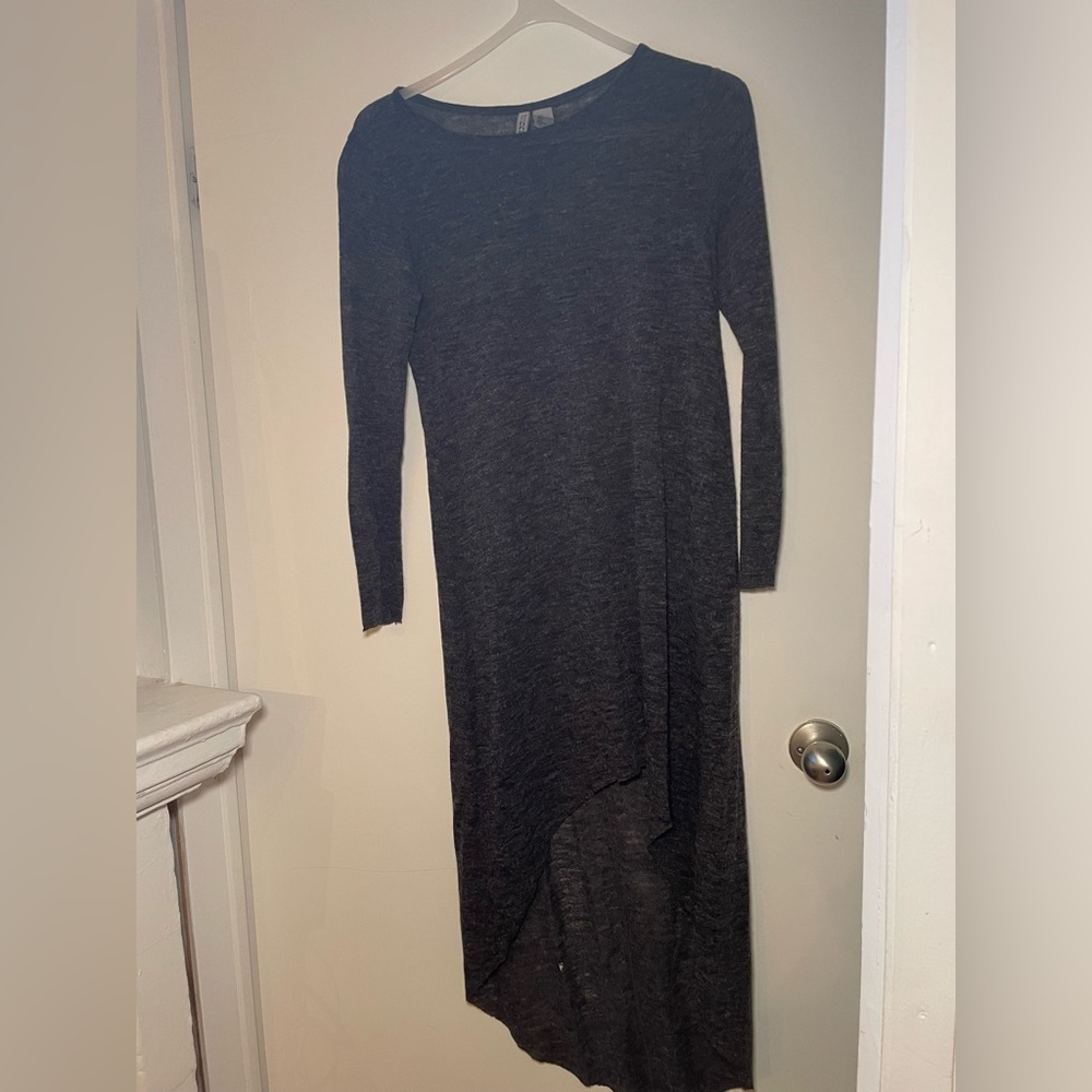 Dark grey dress that is short in front and long in bacck